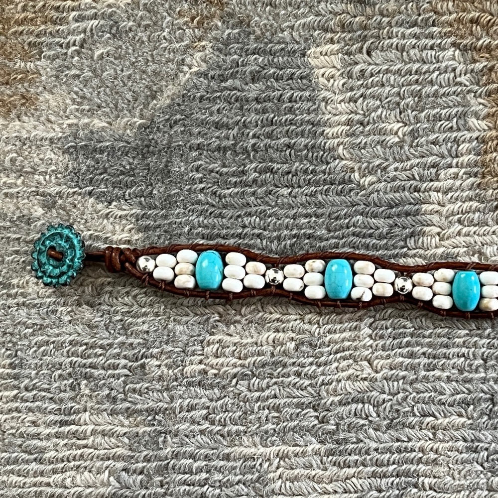 Unisex Leather, Turquoise and sterling silver wrap bracelet. 7" - 8.25